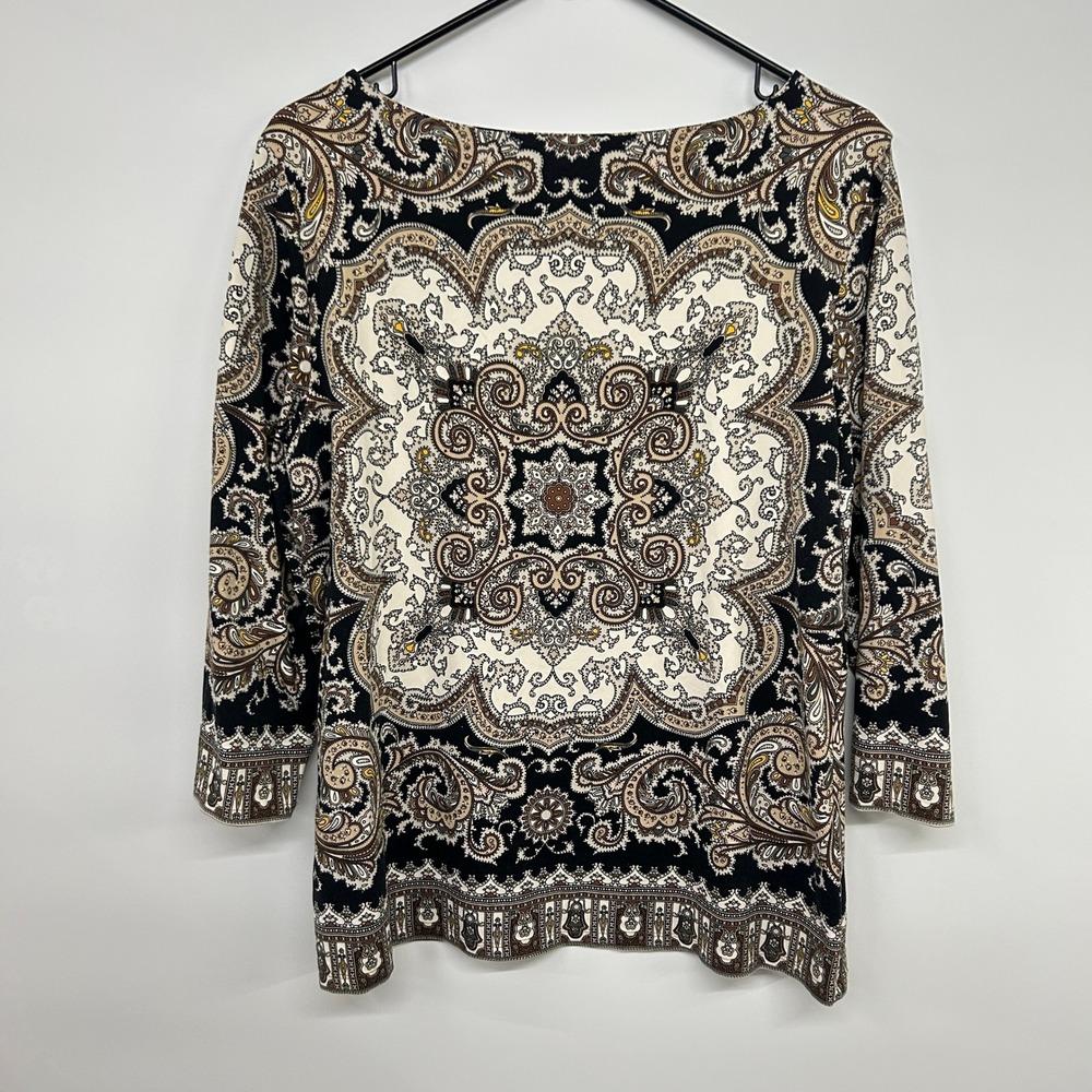 Paisley Medallion‎ Knit Top L Black Cream Scarf Print Boho Old Money Equestrian - Picture 7 of 9
